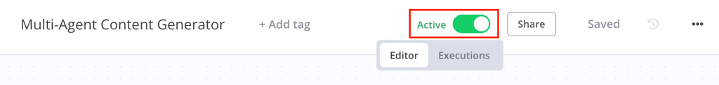 The activation switch in the n8n workflow editor canvas