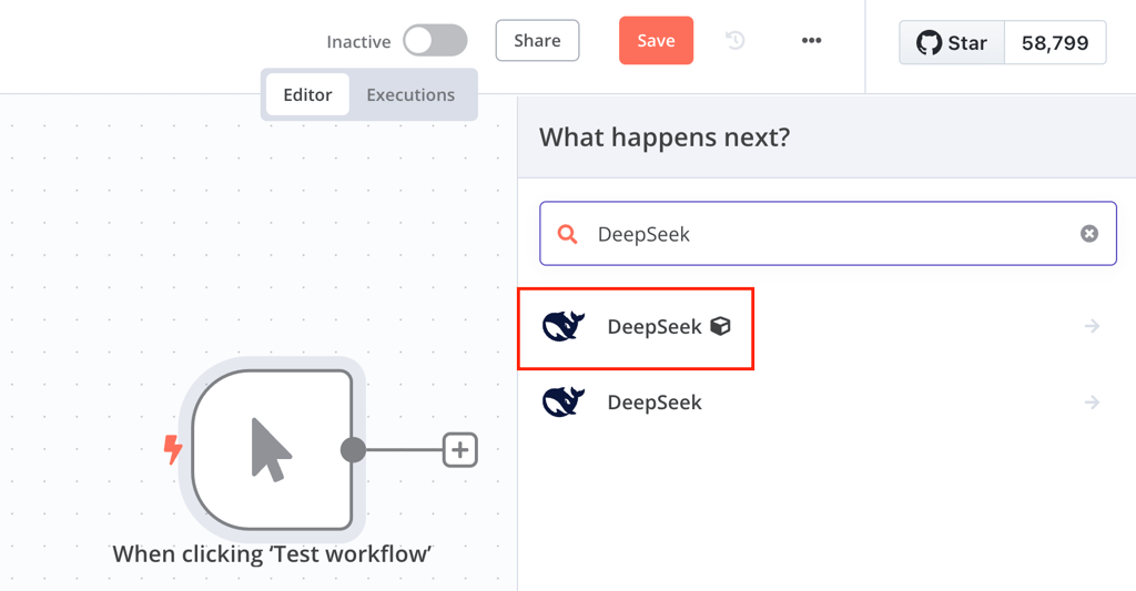 The DeepSeek node in the n8n workflow editor canvas