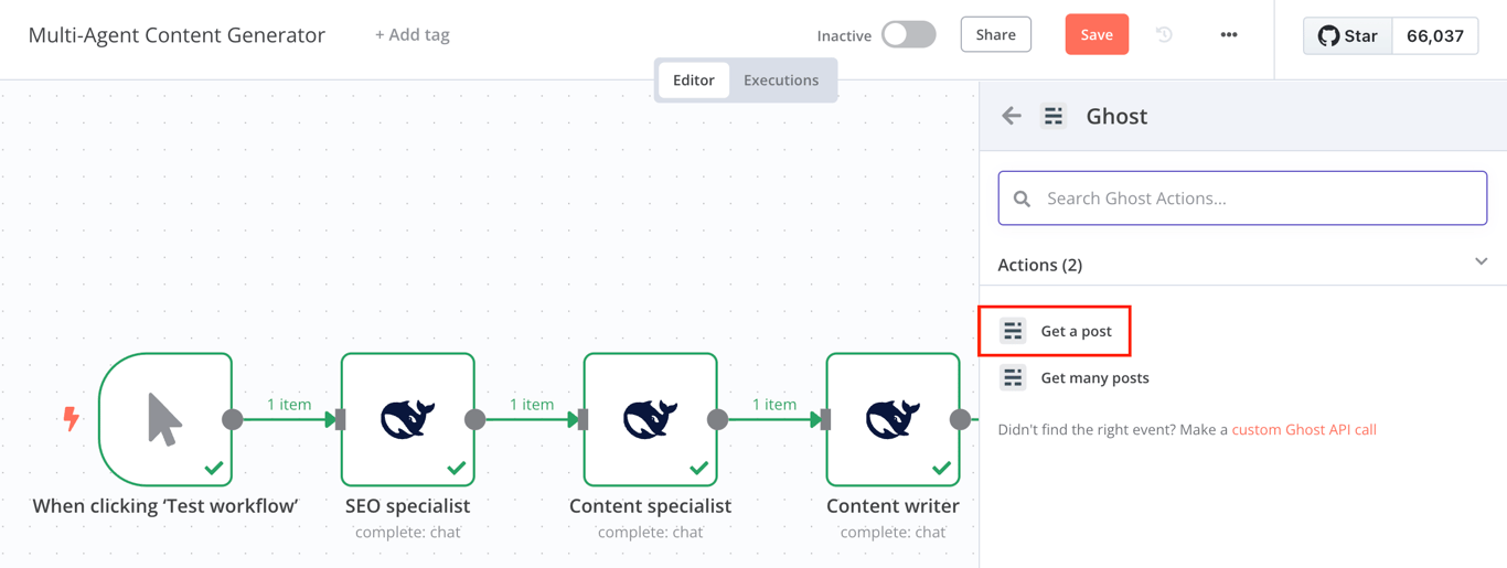 The Get a post action under the Ghost node of n8n's workflow editor canvas
