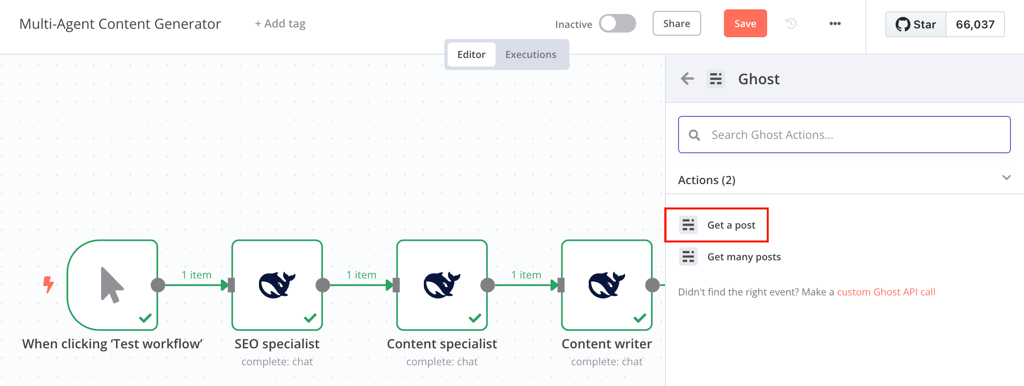 The Get a post action under the Ghost node of n8n's workflow editor canvas