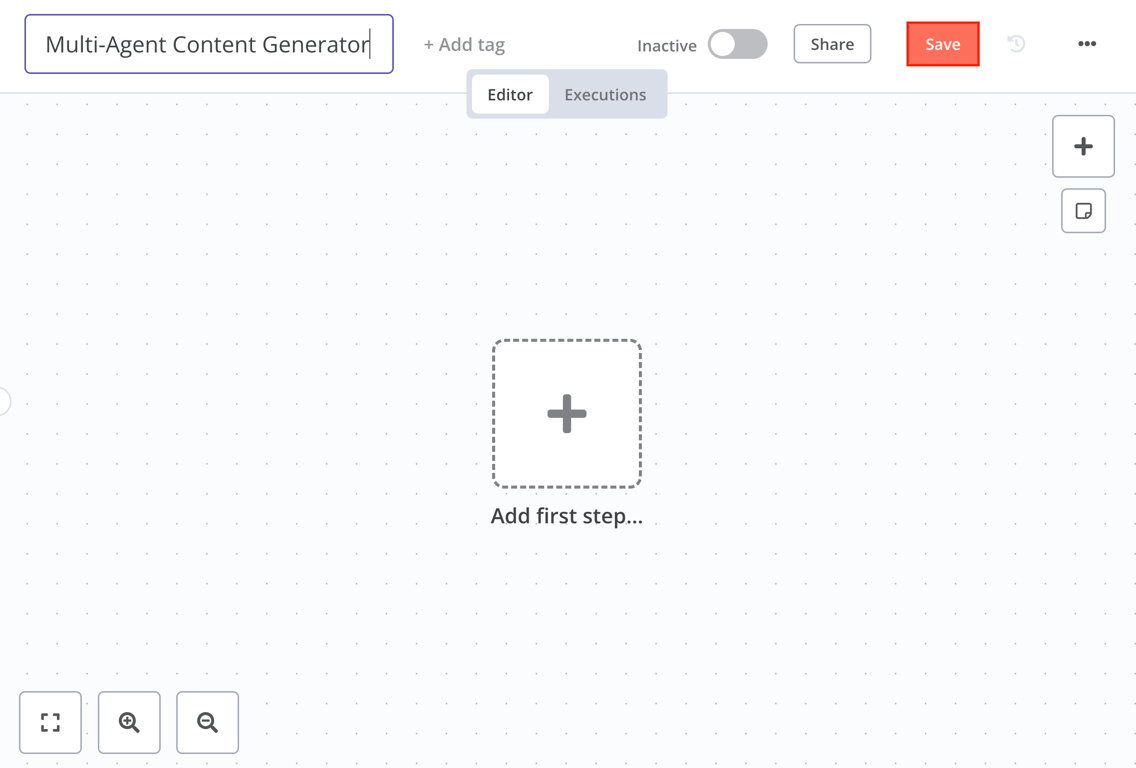 The Save button in the n8n workflow editor canvas
