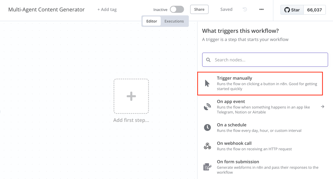 The Trigger manually option in the n8n workflow editor canvas
