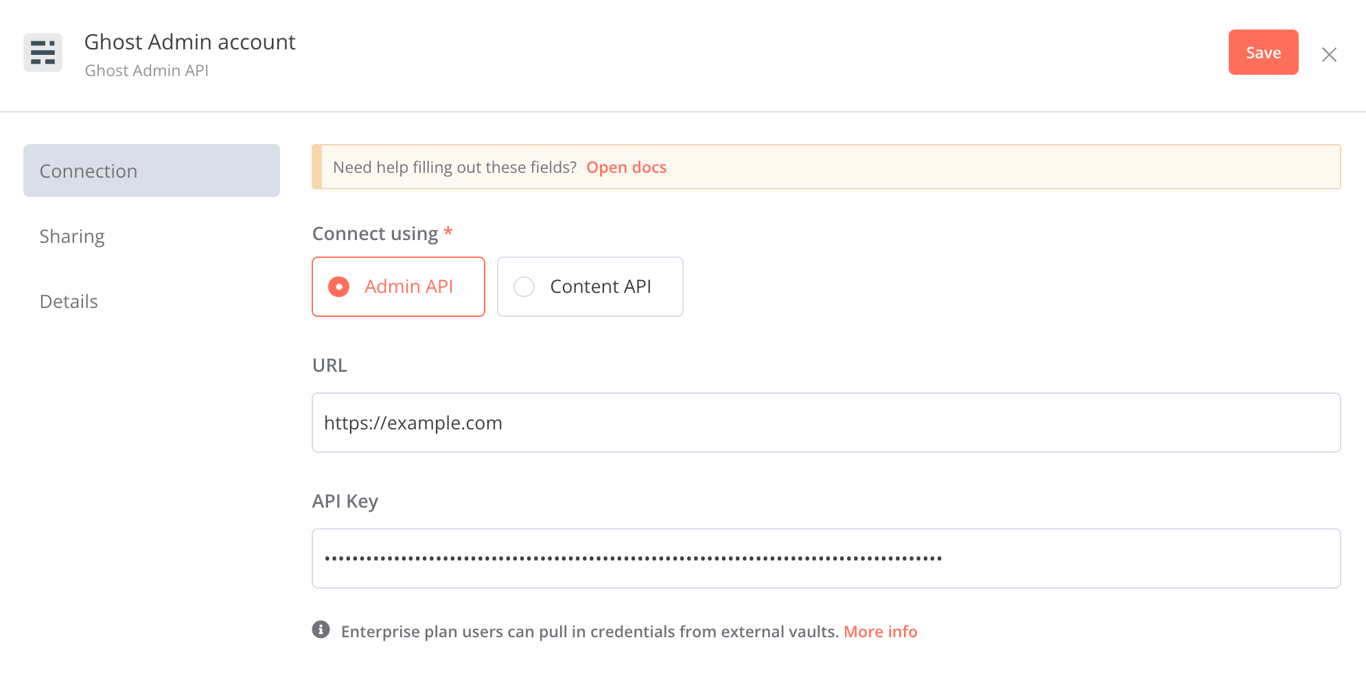 The Admin API section in the Ghost Admin API dialog of n8n