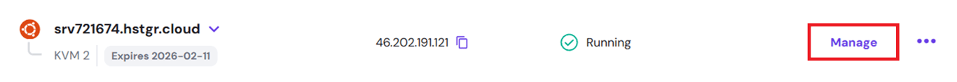 hPanel VPS view with the Manage button highlighted