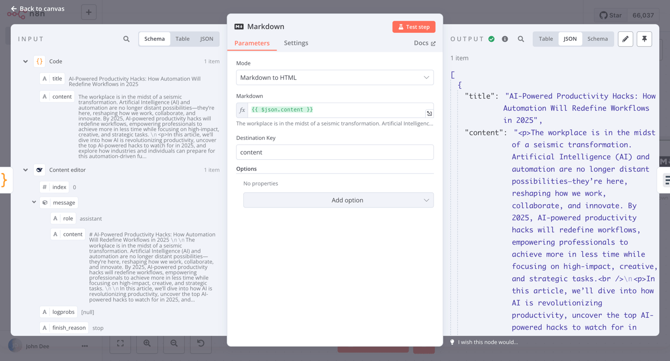 The input, configuration dialog, and output pane of the Markdown node in n8n
