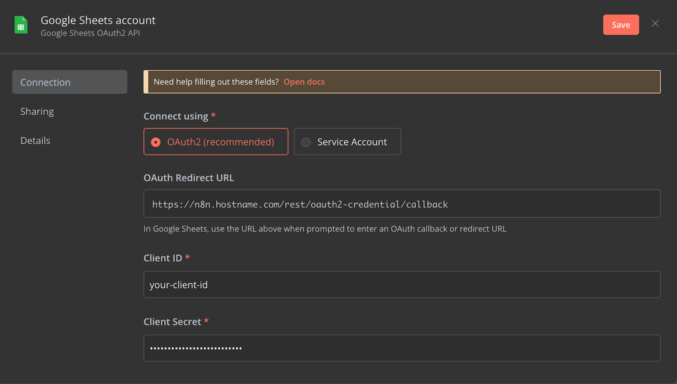 n8n Google Sheets credential configuration page