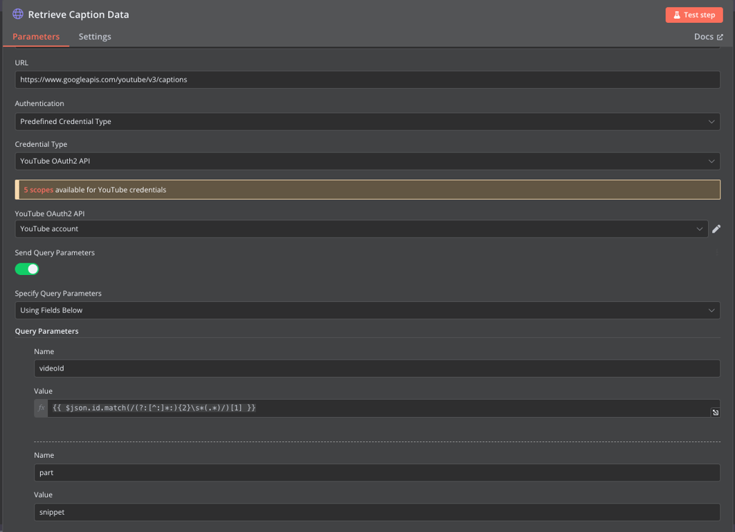 YouTube HTTP request node configuration in n8n
