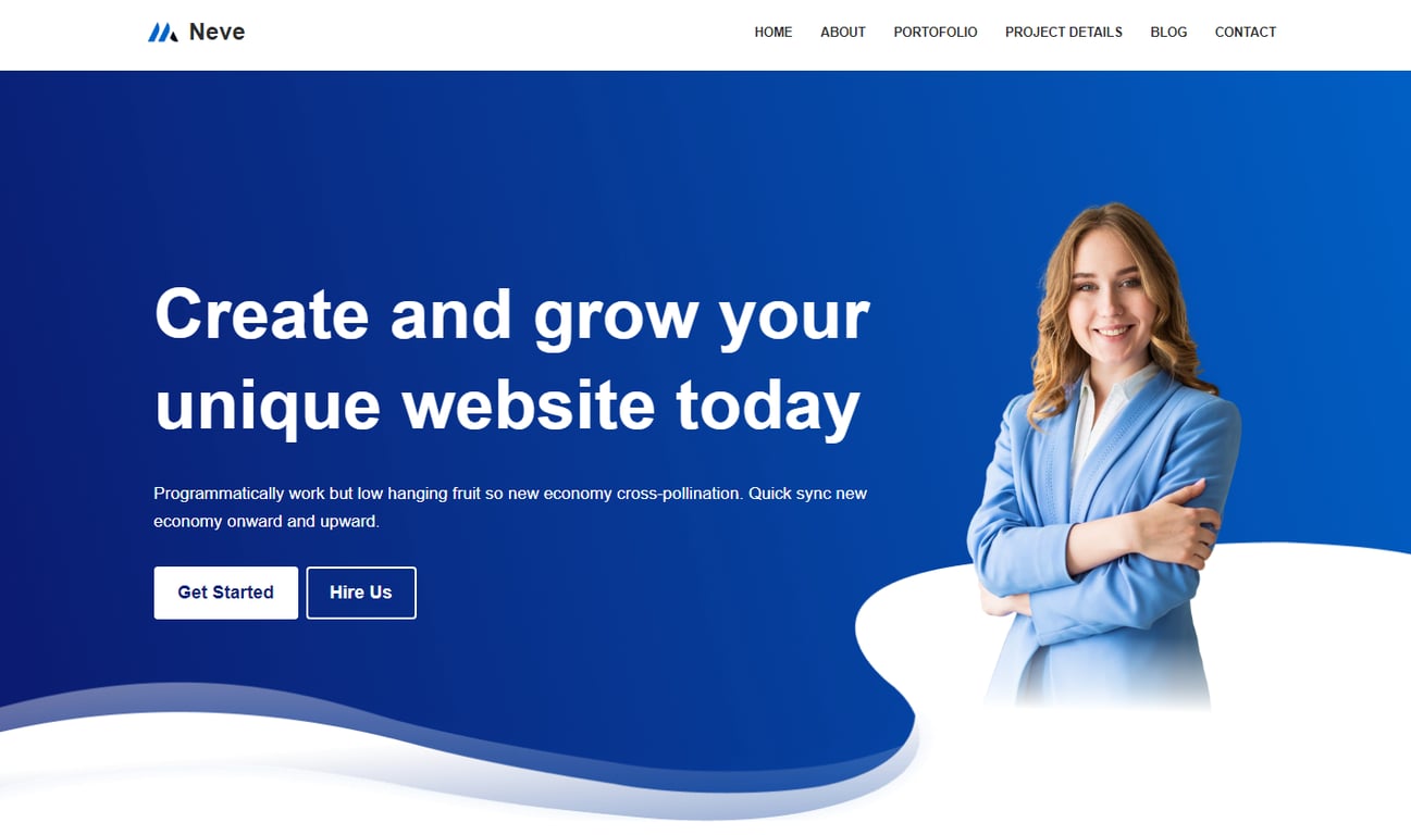 A professional website showcasing a woman in a light blue blazer with crossed arms, promoting web design services on a blue background.