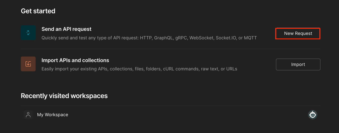 The New Request button highlighted in Postman's initial interface
