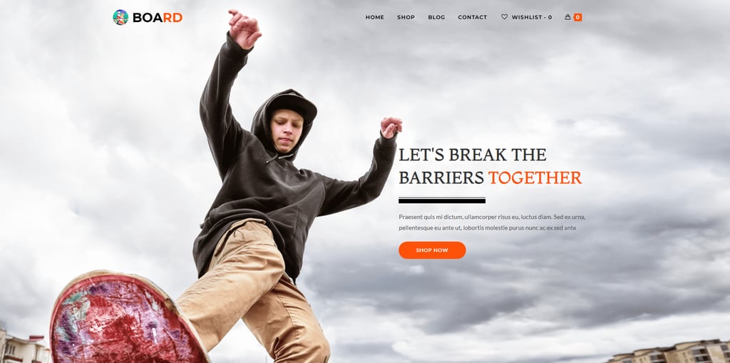 On the homepage of this example website, a hoodie-wearing skateboarder performs a trick outdoors, against a cloudy sky, with buildings in the background.
