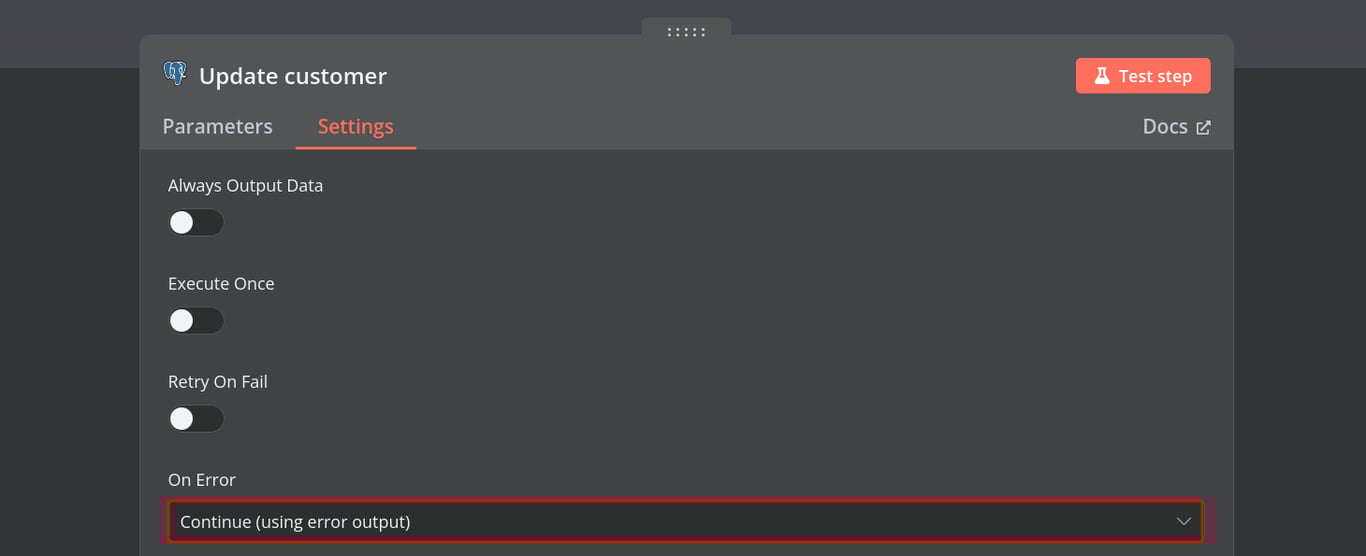 postgres update row action settings with "On Error" settings highlighted