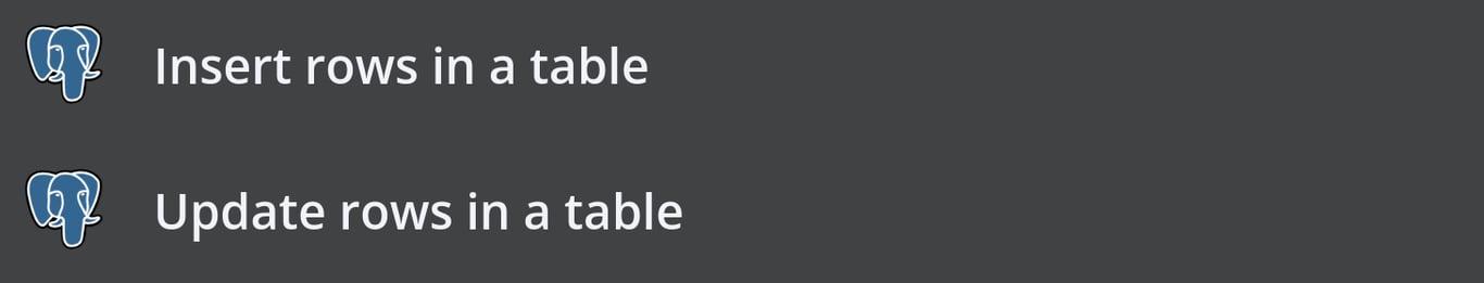 n8n Postgre app actions showing "Insert rows in a table" and "Update rows in a table" actions