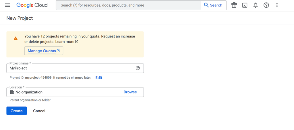 Project creation menu in Google Developer Console
