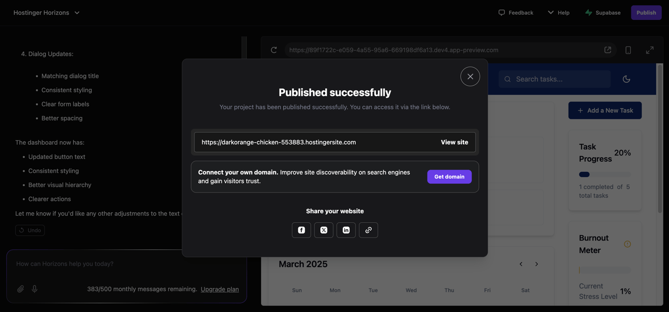 Published web app confirmation pop-up in Hostinger Horizons