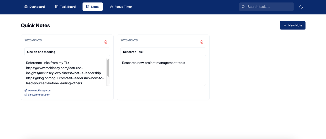 Quick Notes page preview of a custom task manager created with Hostinger Horizons