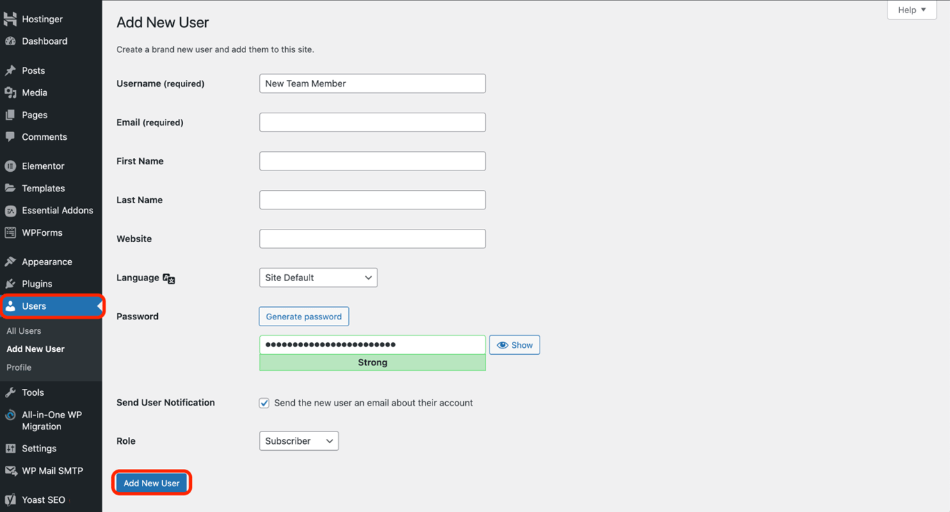 WordPress dashboard showing the 'Add New User' screen, where a site owner can enter user details and assign roles.