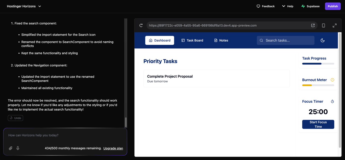 The revised header preview of a task manager created with Hostinger Horizons