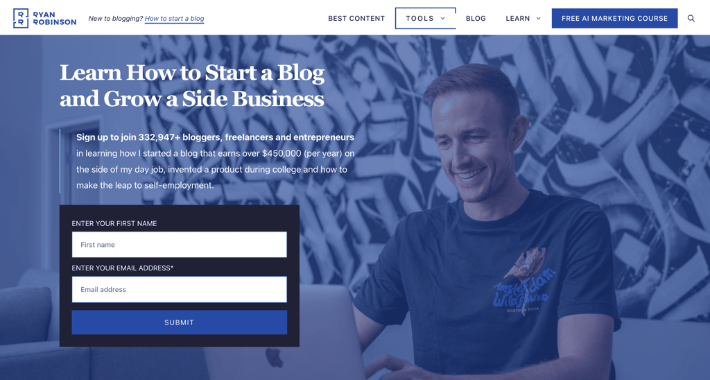 Ryan Robinson's affiliate website homepage