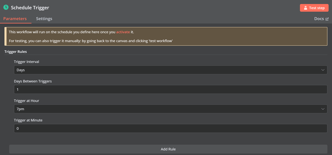 n8n menu for configuring Schedule Trigger.