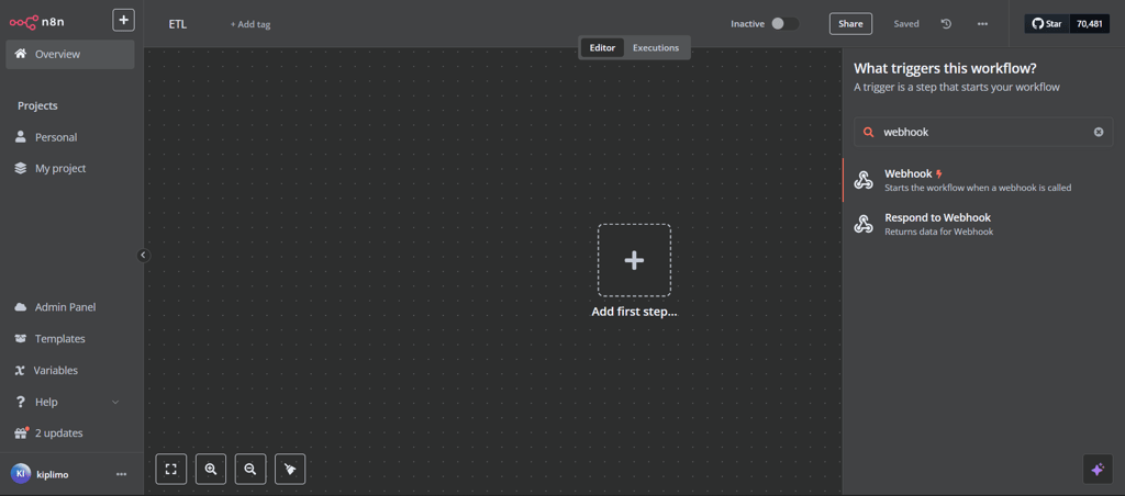 Searching for and adding the Webhook node