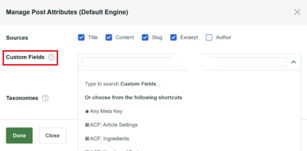 User interface of a content management system highlighting the "Custom Fields" option in post attributes settings.