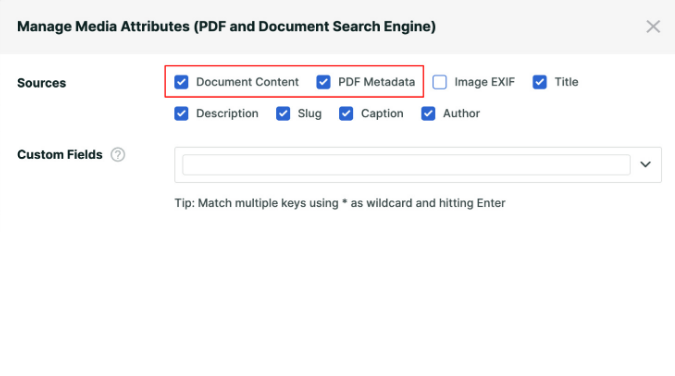 A media attributes management interface, highlighting selection options for document content and PDF metadata.