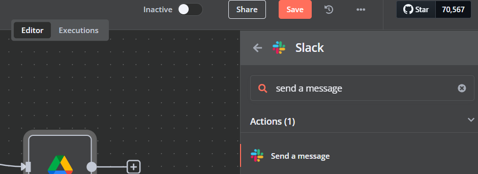Adding the Send a message Slack node to enable notifications