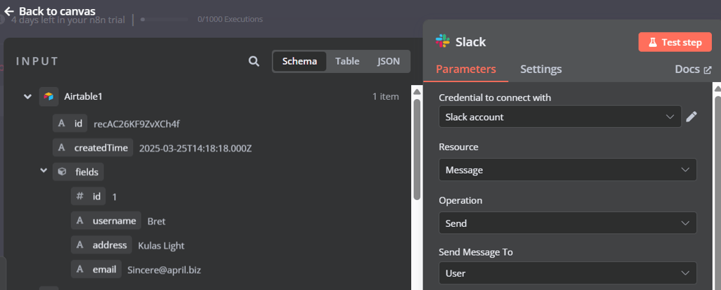 Configuring Slack node in n8n to send messages