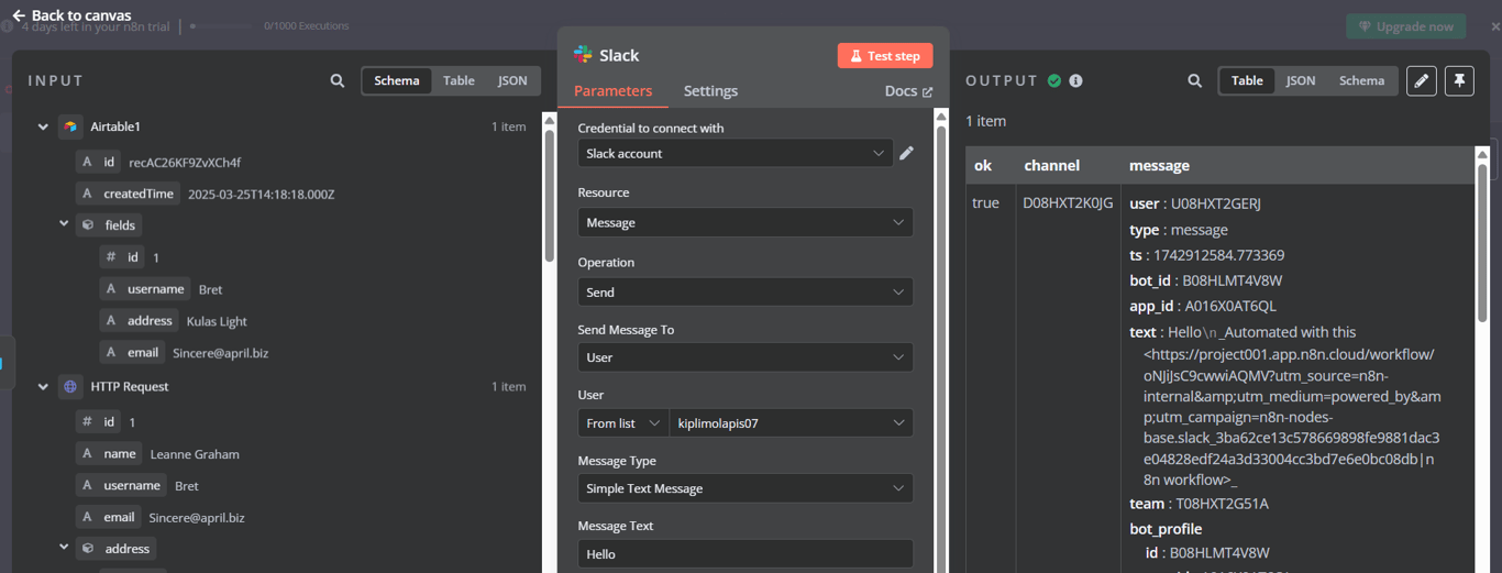 Full view of node settings with Slack configured