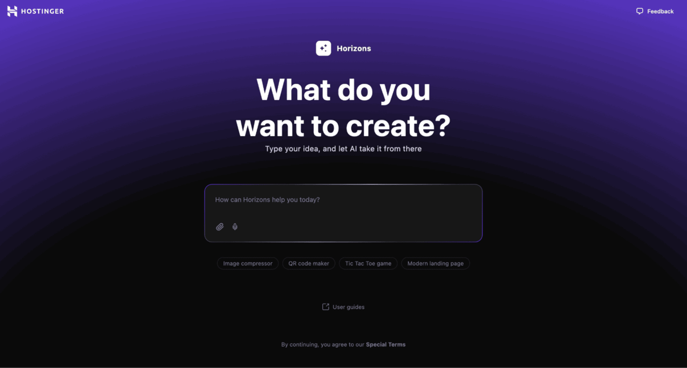 Hostinger Horizons start screen
