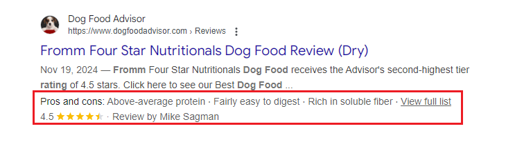 Website in Google SERP featuring a dog food review highlighting pros and cons, showing a 4.5-star rating and evaluating Fromm Four Star nutrition.