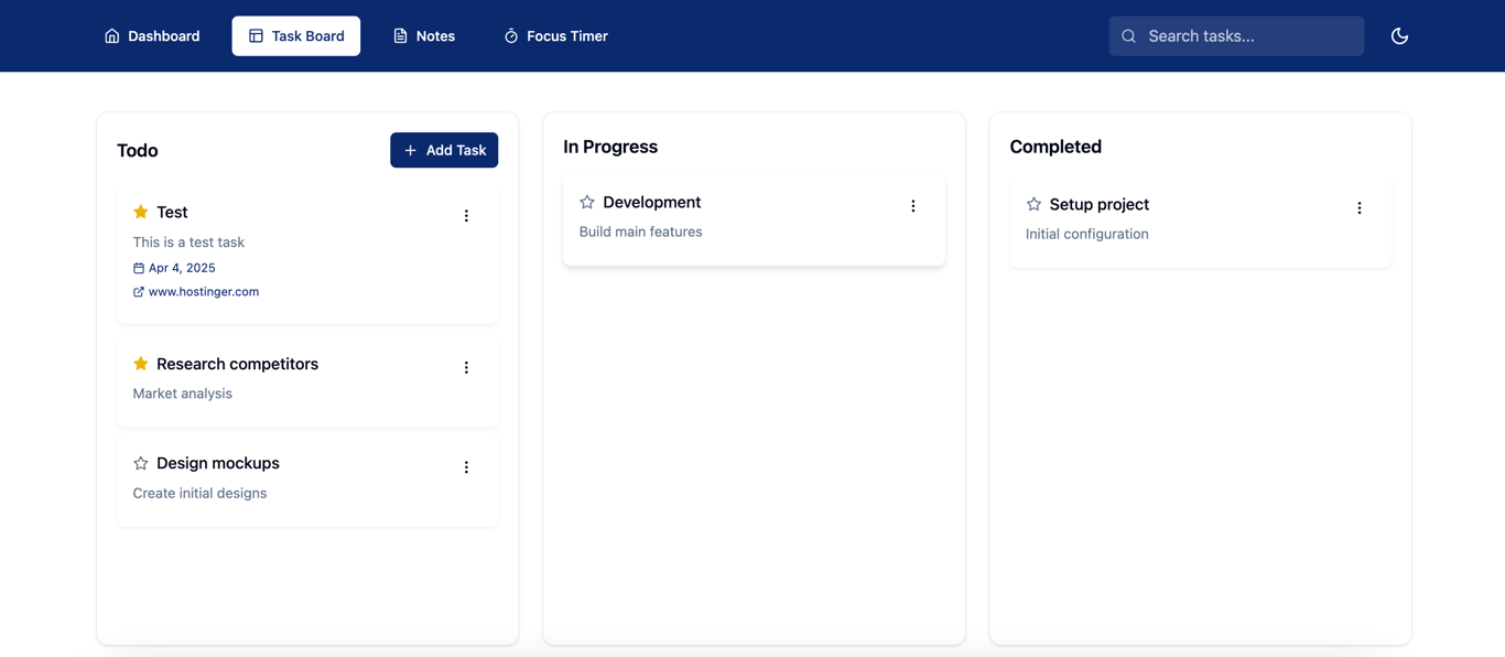 The full-size preview of a custom Task Board page in Hostinger Horizons