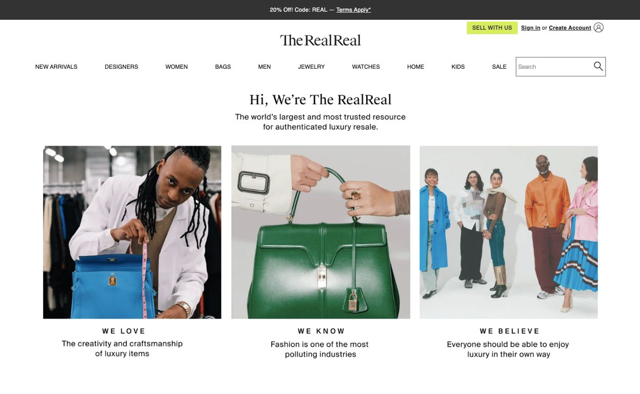 The RealReal homepage with a tagline about luxury resale and three images highlighting fashion

