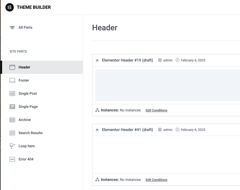 Elementor Theme Builder displaying the Header section selected