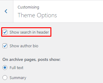 A settings menu showing theme options with a checkbox labeled "Show search in header" highlighted in red.