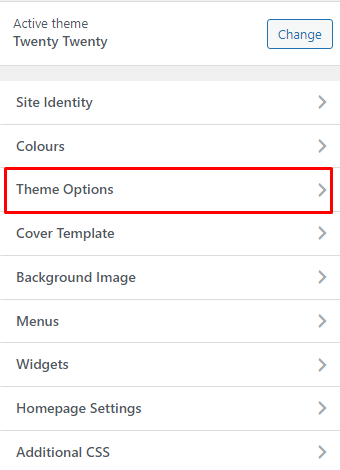 WordPress theme settings menu showing "Theme Options" highlighted in red with other customization options listed below.