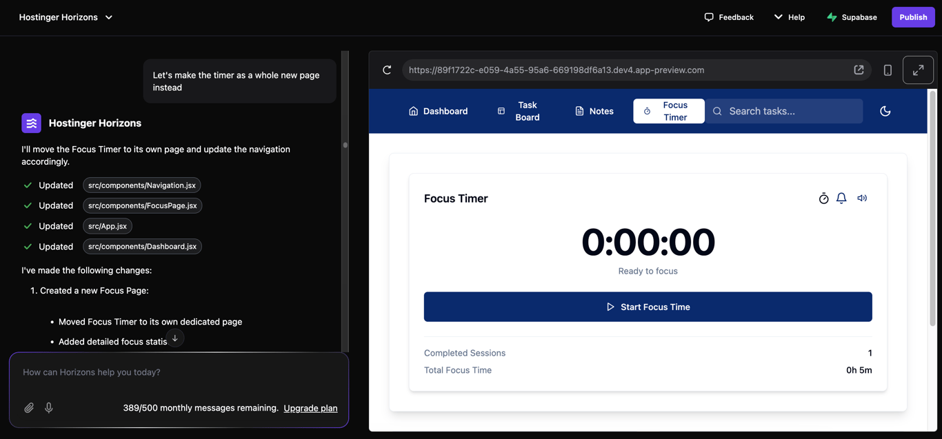 A timer page preview on a custom task manager web app