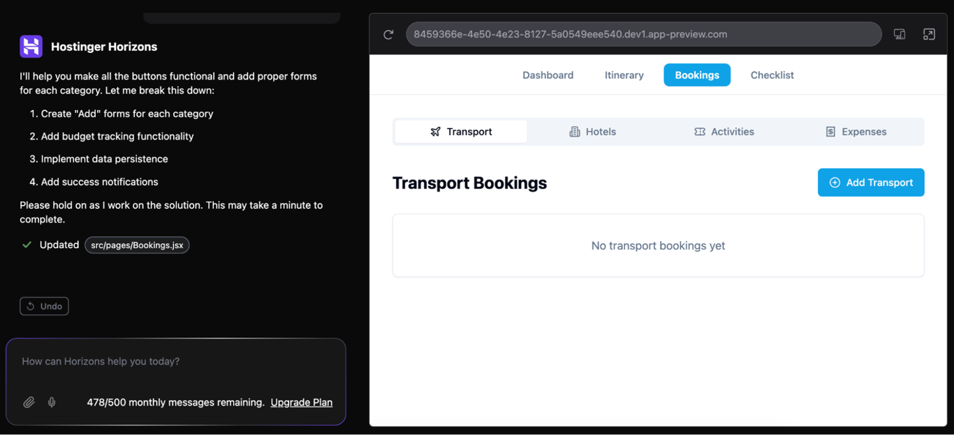 A custom web app's transport booking tab interface