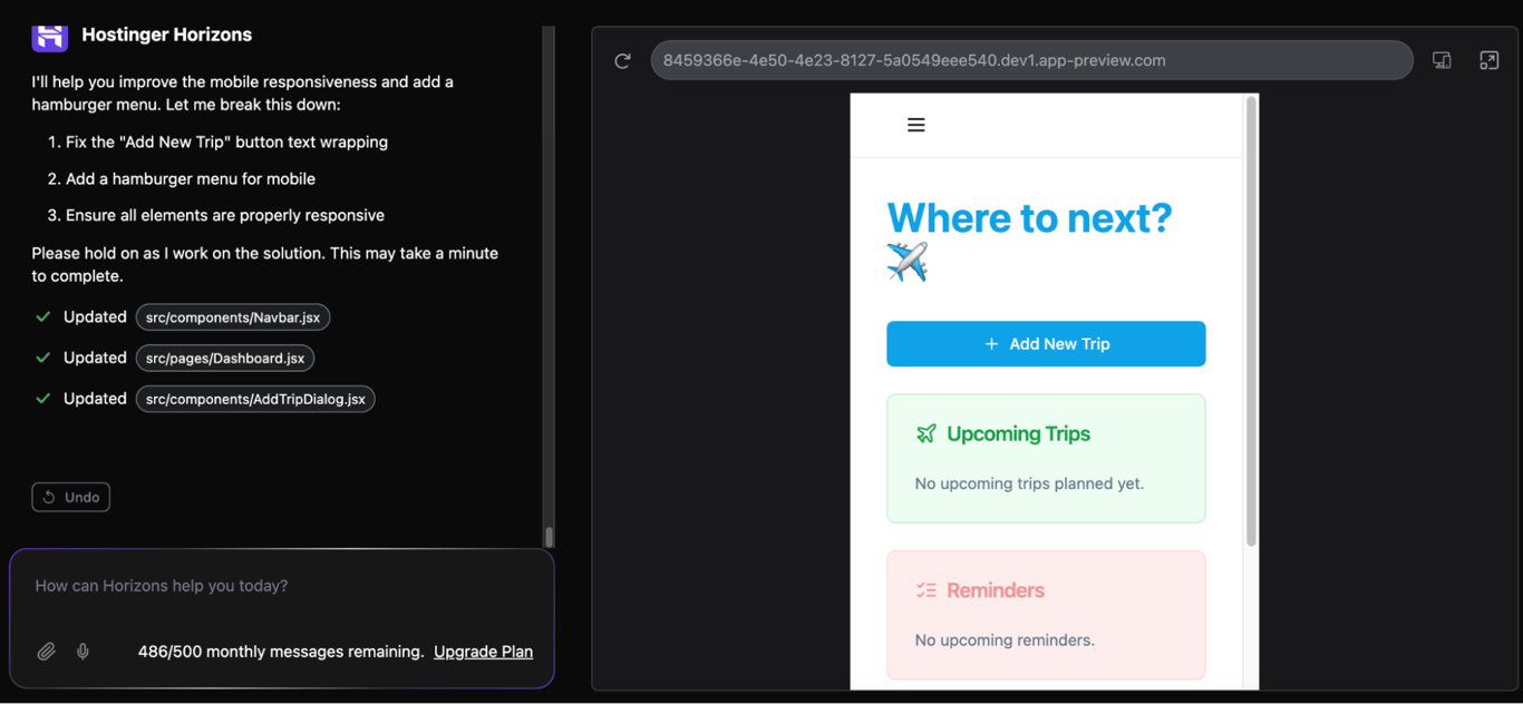 A mobile version of a travel custom web app's dashboard interface