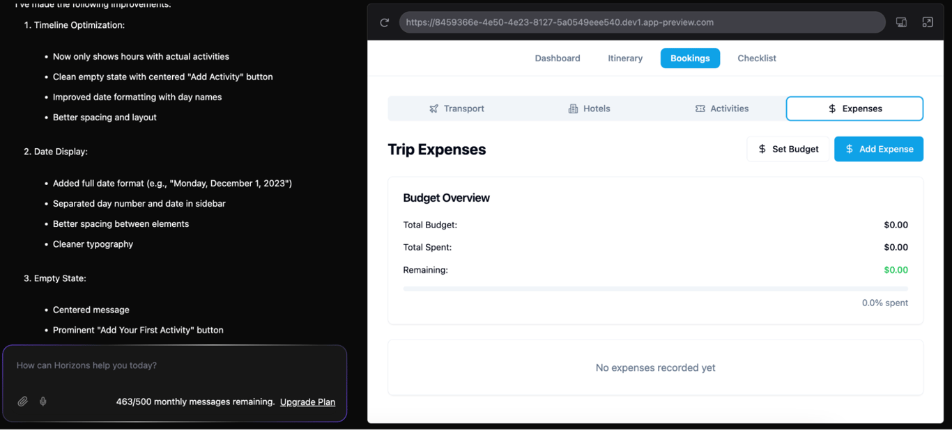 A travel custom web app's Expenses page interface