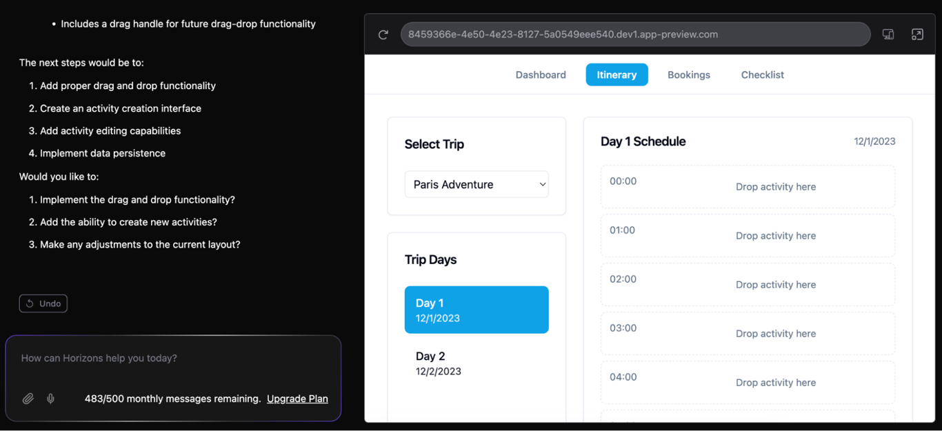 A travel custom web app's Itinerary page interface