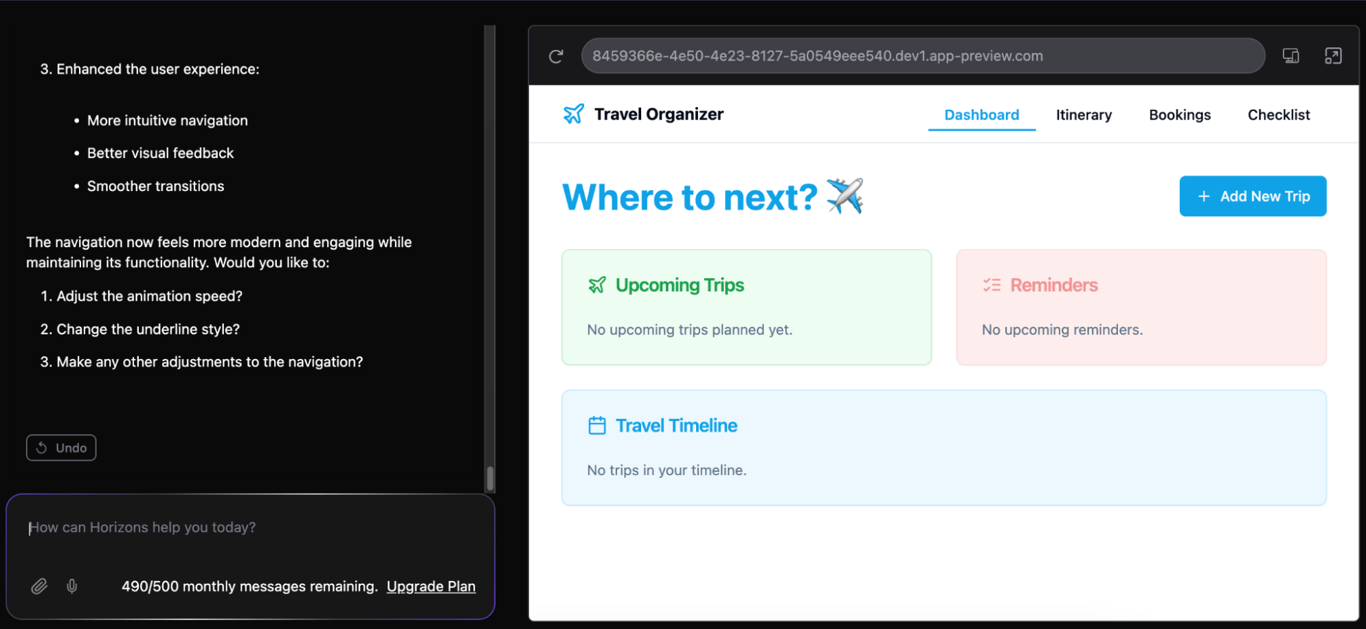 A travel custom web app's second iteration with Hostinger Horizons