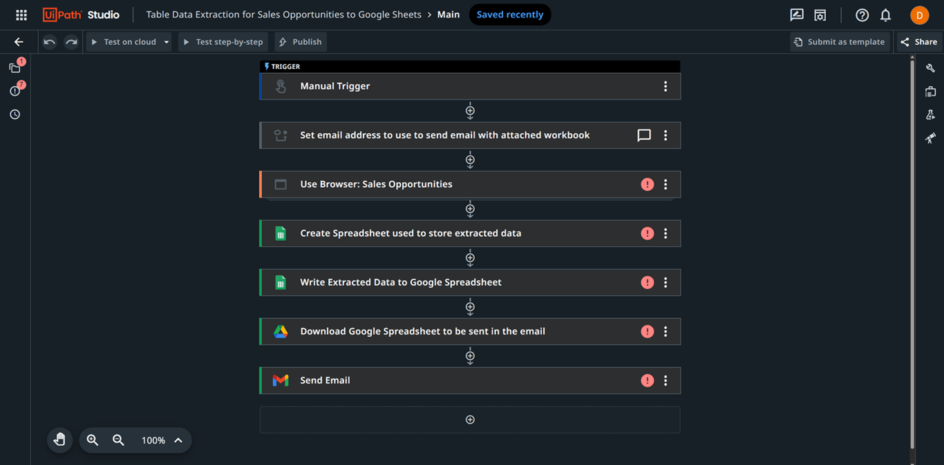 Image displaying built out automation in UiPath studio