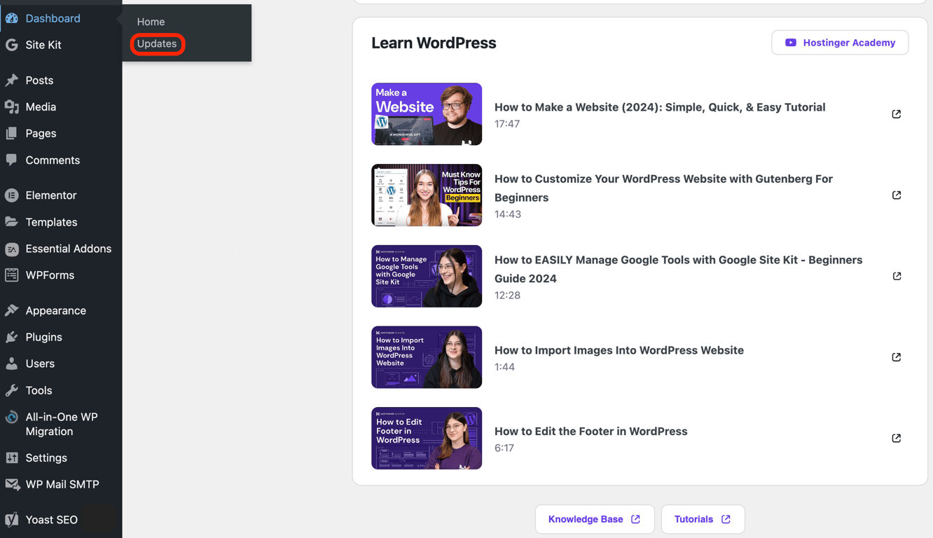 WordPress dashboard showing the Updates section highlighted, where users can update the WordPress core software.