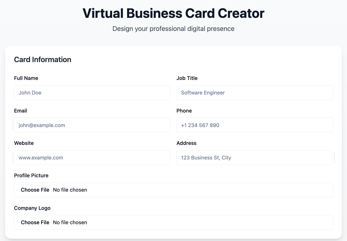 the first result of virtual business card web app with basic fields to enter information