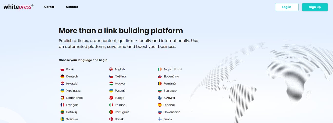 Website interface of WhitePress, promoting article publishing and link building services in multiple languages