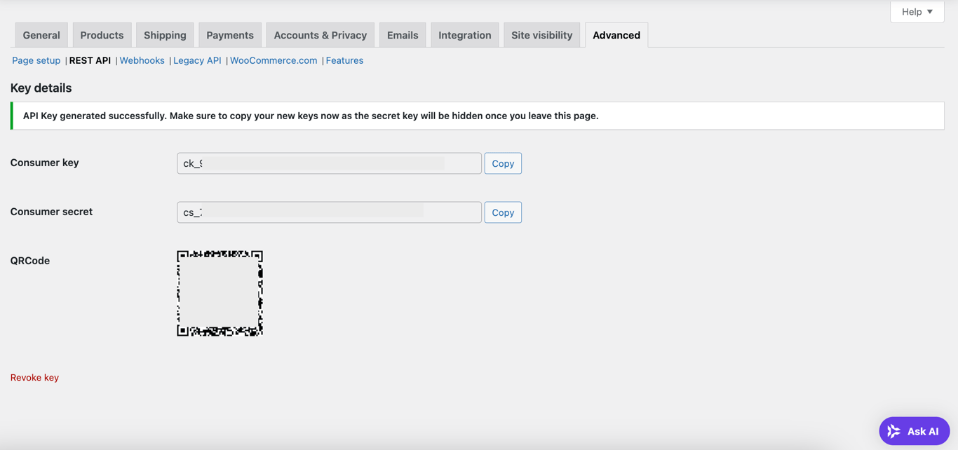 The WooCommerce REST API authentication keys