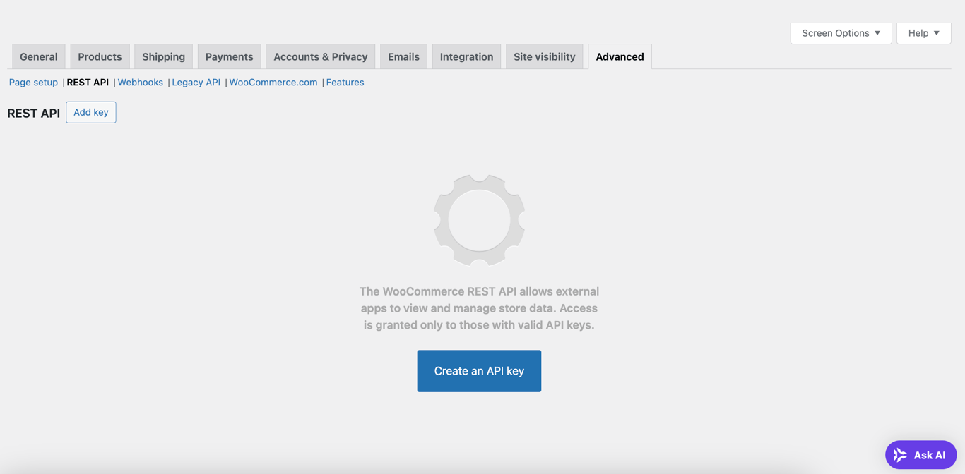 The REST API tab in WooCommerce's Advanced settings