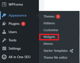 WordPress dashboard sidebar menu highlighting the "Widgets" option under "Appearance" in red.