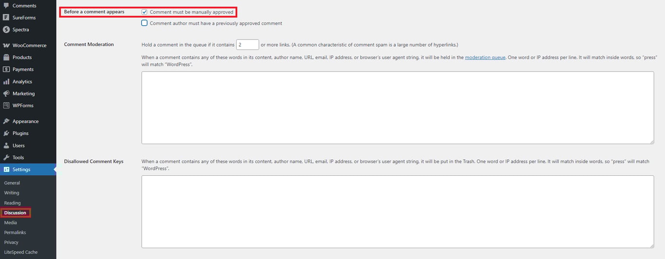 WordPress settings page showing comment moderation options, including manual approval for comments and disallowed words.